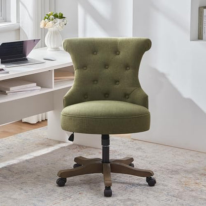 HUIMO Home Office Chair Upholstered Armless Swivel Desk Chair with Wheels | Adjustable Height Computer Desk Chair with Wooden Legs linen Comfortable Swivel Chairs for Farmhouse Study Studio Green - color: Green