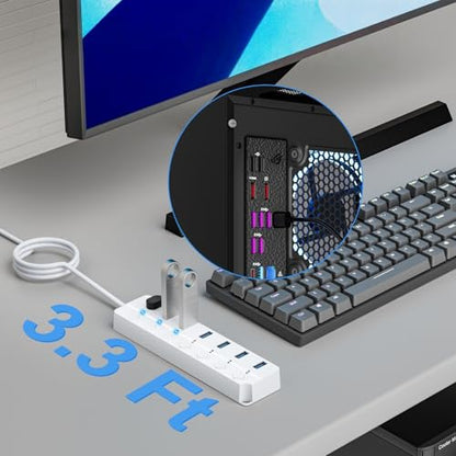 USB Hub 7 Port, USB Splitter with Individual On/Off Switches and Lights - color: White