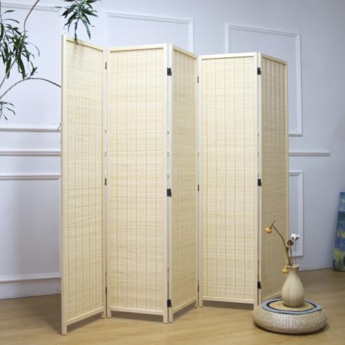 Furnnylane 5 Panel Bamboo Room Divider – 5.6 ft Tall Folding Privacy Screen, Natural Beige Freestanding Room Partition Wall for Home Office (67" x 76.75", 5-Panel) - color: Beige, size: 5 Panel