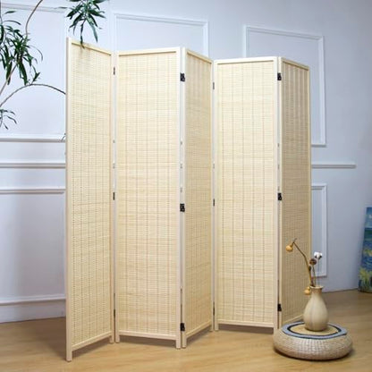 Furnnylane 5 Panel Bamboo Room Divider – 5.6 ft Tall Folding Privacy Screen, Natural Beige Freestanding Room Partition Wall for Home Office (67" x 76.75", 5-Panel) - color: Beige, size: 5 Panel