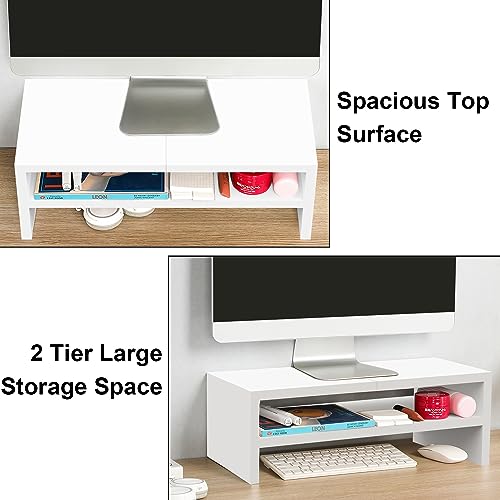 TEAMIX 20 inch White Monitor Riser Stand - 2 Tiers, Wood Desktop Bookshelf - color: White, size: 20 x 9.5 x 6.7 inches