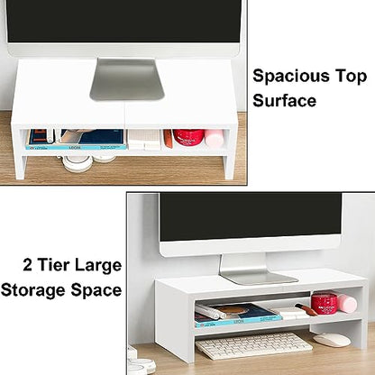TEAMIX 20 inch White Monitor Riser Stand - 2 Tiers, Wood Desktop Bookshelf - color: White, size: 20 x 9.5 x 6.7 inches