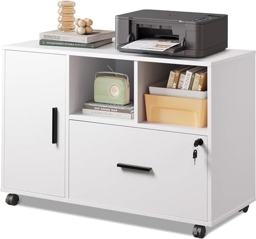 DEVAISE Office File Cabinet with Lock, 1-Drawer Wood Lateral Filing Cabinet on Wheels, Printer Stand with Open Storage Shelves for Home Office, White - color: White, style: Modern