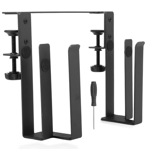 Desk Side Laptop Mount Metal Hanging Desk Side Storage, No Drilling Siding Table Organizer for Office Home Tablets,Laptop Holder Vertical(black-1-double-deck)