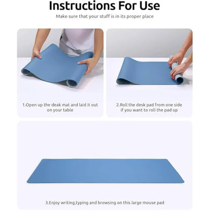 Desk Pad, Leather Non-Slip Laptop Computer Desk Keyboard Mat, Table Protector Blotter Mat, Large Mouse Pad (24" x 12")-Blue - color: Blue