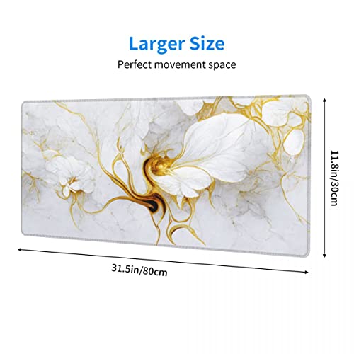 Desk Pad,Office Desk Mat 31.5"×11.8" Large Gaming Mouse Pad,Extended Computer Mouse Pad,Waterproof Thick Big Mouse Pads with Non-Slip Rubber Base Office Home White Gold Marble Flower - color: Xl01-15 White Gold Marble Flower, size: 31.5 x 11.8 in