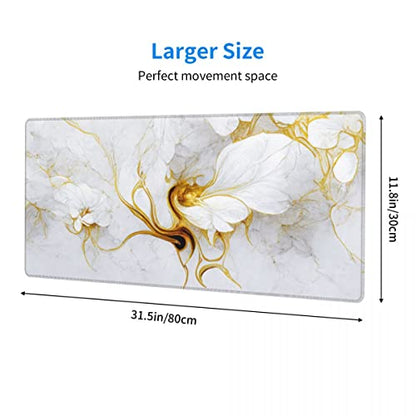 Desk Pad,Office Desk Mat 31.5"×11.8" Large Gaming Mouse Pad,Extended Computer Mouse Pad,Waterproof Thick Big Mouse Pads with Non-Slip Rubber Base Office Home White Gold Marble Flower - color: Xl01-15 White Gold Marble Flower, size: 31.5 x 11.8 in