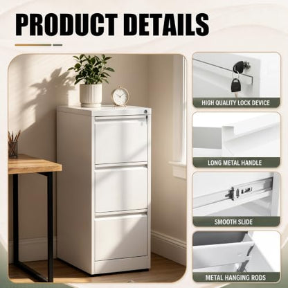 3 Drawer File Cabinet for Home Office, Vertical Filing Cabinet - color: White, size: 40.4"H - 3 Drawer