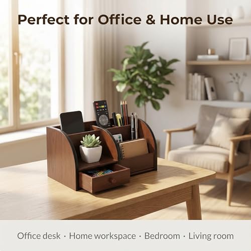 Wooden Desk Organizer with Drawer, Multi-Compartment Desktop Storage for Office Supplies, Remote Control, Phone, Makeup & Accessories