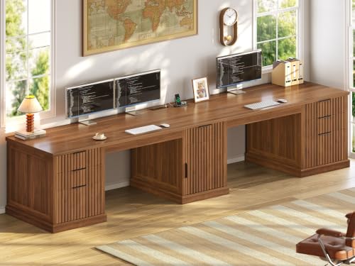 SEDETA Fluted 110.3" Two Person Desk with 7 Drawers, Fluted Brown | Long Computer Desk with Storage Cabinet, 2 Person Desk with Power Outlets - color: Fluted Brown, size: 110.3" Two Person Desk