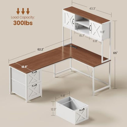 SEDETA Reversible Farmhouse L Shaped Computer Desk with Drawers, Hutch - color: White and Brown