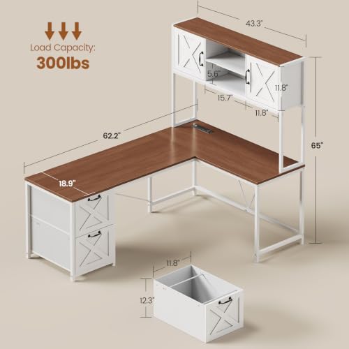 SEDETA Reversible Farmhouse L Shaped Computer Desk with Drawers, Hutch - color: White and Brown