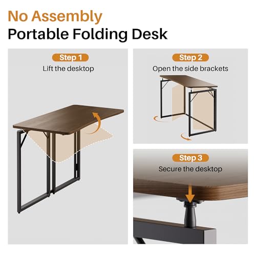 JOYMOOP 47.2" Brown Folding Desk, No Assembly, Wooden Top, Large Size - color: Brown, size: 47.2" Width