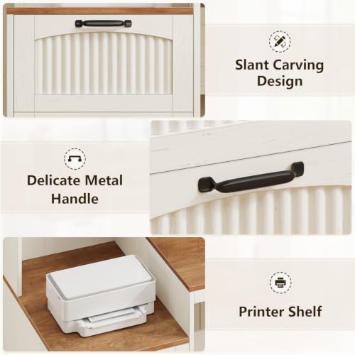 Farmhouse L Shaped Desk with Drawers & Printer Shelf for Home Office - color: Brown and White