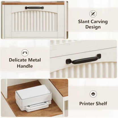 Farmhouse L Shaped Desk with Drawers & Printer Shelf for Home Office - color: Brown and White