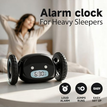 CLOCKY Runaway Digital Loud Rolling Alarm Clock for Heavy Sleeper Adults - color: Black Black Wheels