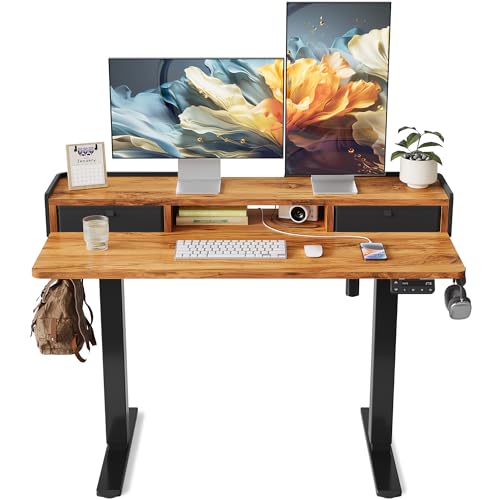 YIHAYO Electric Standing Desk with Drawers, 48 x 24 Inches Adjustable Desk with Storage Shelf, Stand Up Desk with Splice Board, Computer Table for Home Office, Black Frame/Rustic Brown Top - color: Black Frame/Rustic Brown Top, size: 48*24 Inch