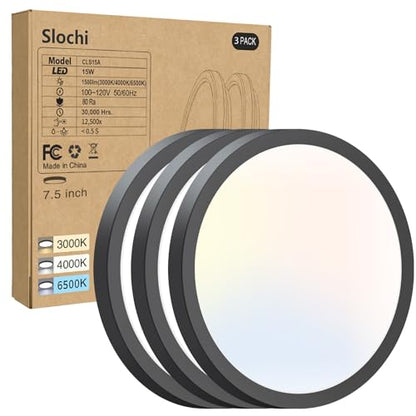 slochi 7.5Inch Ceiling Light Fixture, 3000K-4000K-6500K Flush Mount Ceiling Light 3 Pack, Ultra Thin Round White Flat led Lights for Bathroom Hallways Closet Laundry Bedroom Kitchen - color: Black, size: 7.5Inch-3Pack
