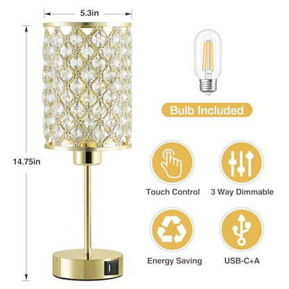 Crystal Table Lamp, Gold Touch Lamp with USB C+A Port, 3-Way Dimmable - color: Gold, size: 14.75"