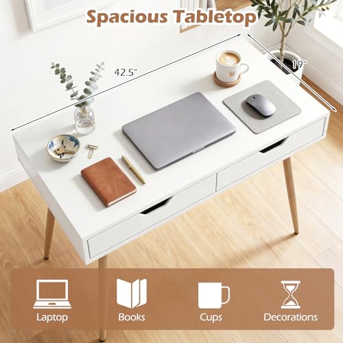 Tangkula White Writing Desk w/2 Storage Drawers, Modern Computer Desk with 4 Rubber Wood Legs, Versatile Small Study Desk for Home Office School, Vanity Table for Bedroom