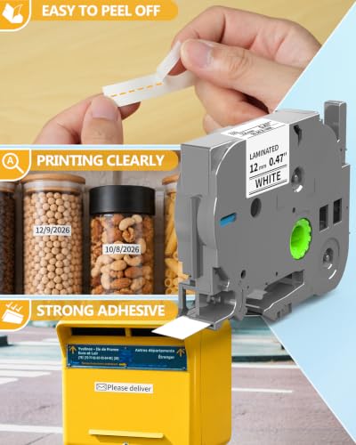 Replacement for Brother P-Touch Label Maker Tape Refill TZe-231 TZe231 | TZe TZ Tape 12mm 0.47 Laminated White, Compatible with Brother PT-D210 PT-D220 PT-H110 PT-D410 PT-D610BT, 12mm x 8m, 6-Pack - color: Black on White, size: 12mm