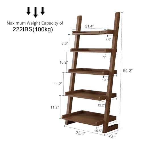 AQIMUELE Walnut Wooden Ladder Shelf with Edges, 5-Tier Modern Leaning Bookshelf Ladder – Stylish Space-Saving Bookcase for Living Room, Bedroom & Home Office - color: Walnut, size: 5-Tier