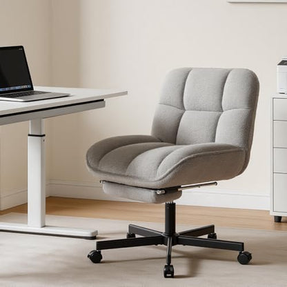 Cross Legged Chair with Foot Rest, Thick Cushioned Criss Cross Chair with Wheels, Armless Wide Seat Reclining Desk Chair, Height Adjustable Cross Legged Office Chair for Home Office, Grey - color: Grey