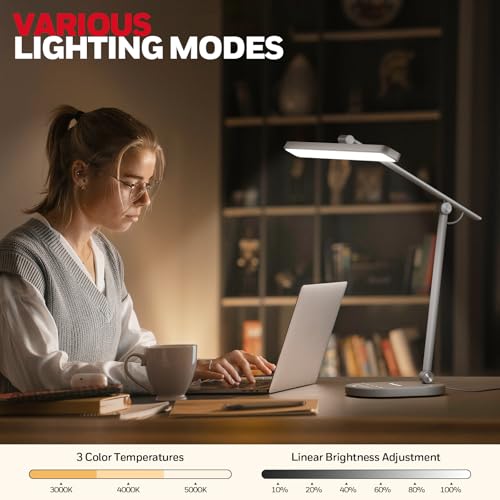 Honeywell HWT-H4 LED Desk Lamp, Eye-Caring, Dimmable, Auto Sensor | CRI97 Sunturalux LED, flicker-free eye care, 3 color temperatures, 5 brightness levels, auto dimming sensor, 60-min timer - color: Gray