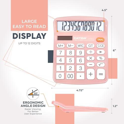 CATIGA 12 Digits Desktop Calculator with Large LCD Display and Sensitive Button, Dual Solar Power and Battery, Standard Function for Office, Home, School, CD-2786(Light Pink) - color: Light Pink