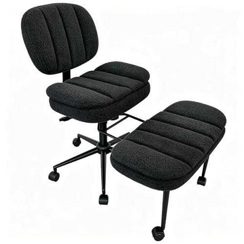Ergonomic Cross Legged Office Chair with Footrest, 360° Swivel Height Adjustable Faux Shearling Criss Cross Chair, Wide Seat & Back Support for Home Office, ADHD, Black - color: Wool Black
