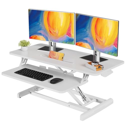 JOY worker 35" Standing Desk Converter, Height Adjustable Stand Up Riser | White Desk Top Stand Up desk Riser with Fixed Keyboard Tray, Dual Monitor and Laptop Workstation, Particle Board, Home Office - color: White, size: 35 Inch