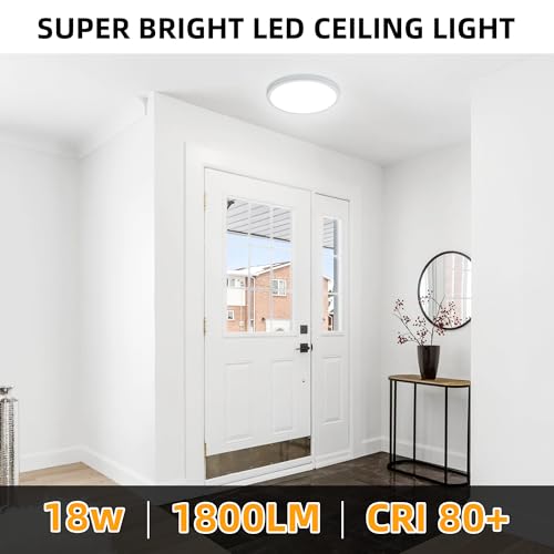 Hlite 9 Inch LED Flush Mount Ceiling Light,1800LM,6 Pack,3CCT | 18W 3000K/4000K/5000K Selectable,Super Slim,Low Profile Round Ceiling Light Fixtures for Kitchen,Bedroom,Hallway,White - color: White, size: 9 inch-6