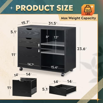 DEVAISE 3-Drawer Wood File Cabinet, Mobile Lateral Filing Cabinet, Printer Stand with Open Storage Shelves for Home Office, Black | Mobile Printer Stand, Open Storage Shelves, Letter & A4 Compatible, Wood, Home Office - color: Black