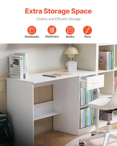 VEVOR Small Desk with Drawer, Kids Desk for Bedroom, Wooden Simple Study Table for Drawing, Reading, Writing, Rectangle MDF Study Storage Table with Adjustable Shelf for Home, Office, White - size: 41.34"D x 17.32"W x 29.57"H