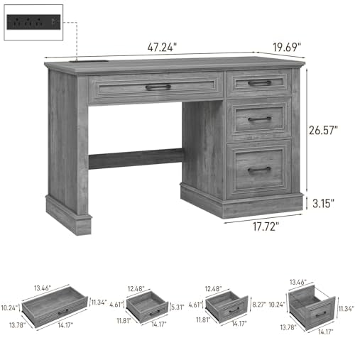 Vabches Farmhouse 47" Executive Desk with Charging Station, Grey | Computer Desk with Drawers, Workstation Computer Desk with File Drawer for Home Office,Study. - color: Grey