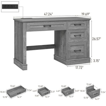 Vabches Farmhouse 47" Executive Desk with Charging Station, Grey | Computer Desk with Drawers, Workstation Computer Desk with File Drawer for Home Office,Study. - color: Grey