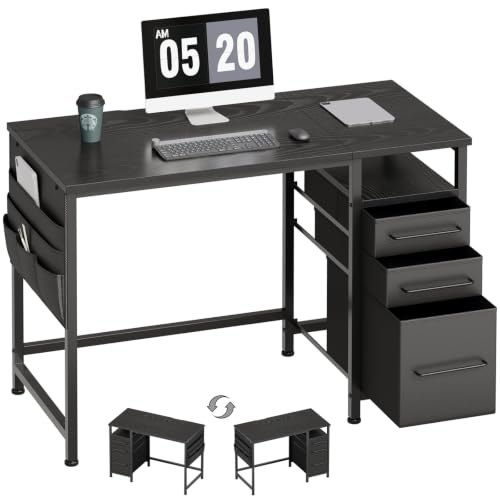 Small Desk with Drawers, Office Desk with Storage Shelves, Black | 40 Inch Desktop, Metal Frame, 3 Fabric Drawers, Storage Shelves, Computer & Writing Desk, Office Gaming Workstation - color: Black