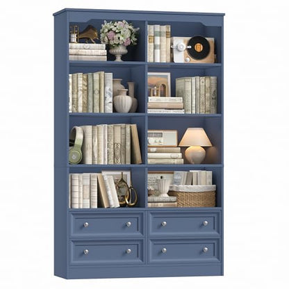 71" Tall Bookshelf with 4 Drawers Large Bookshelf Office Bookcase | 6-Tier Double Wide Bookshelves and Bookcases with Storage, Tall Bookshelf Standing Book Cabinet for Home Office, Blue - color: Blue