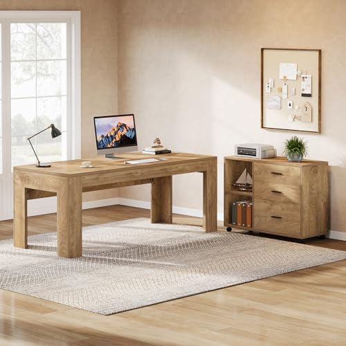 Tribesigns 63" L Shaped Desk with File Cabinet, Large Executive Office Desk with Rolling Filing Cabinet, Long Computer Table with Drawers and Shelves, Business Furniture Set for Home Office, Brown - color: Brown