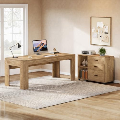 Tribesigns 63" L Shaped Desk with File Cabinet, Large Executive Office Desk with Rolling Filing Cabinet, Long Computer Table with Drawers and Shelves, Business Furniture Set for Home Office, Brown - color: Brown