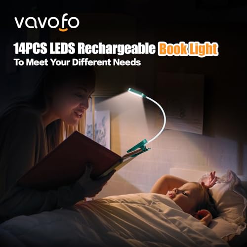 VAVOFO Rechargeable Book Light, 14 LEDs Eye Care Clip On Amber Reading Light for Bookworms Reading in Bed with 9 Colors 9 Brightness (Dark Green) - color: Dark Green