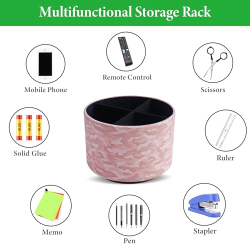 Round Leather Art Supply Organizer,Remote Control Holder,360 Degree Rotating,Multi-Functional Pencil Holder,4 Compartments Desktop Stationary Organizer(1-Camouflage Pink) - color: 1-Camouflage Pink