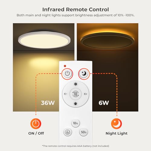 Matane 15.4in LED Flush Mount Ceiling Light Fixture with Remote, 2000K Warm Nightlight, Dimmable 3000K-6500K Low Profile Ceiling Lights for Bedroom, Living Room, 3600LM, White - color: White, size: 15.4 Inch