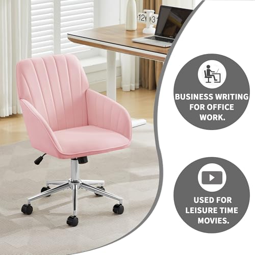 YITAI Velvet Office Desk Armchairs with Silver Base and Wheels,Modern Height Adjustable 360 Degree Swivel Upholstered Vanity Chairs for Living/Room Bedroom/Study,Pink - color: Silver Pink
