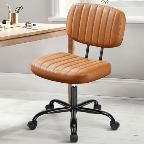 DUMOS Armless Home Office Chair: Small Desk Chair with Low Back Lumbar Support, Height Adjustable PU Leather Computer Task with 360° Swivel Wheels, for Adults, Brown - color: Brown