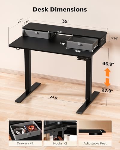FiCiHi 35x20 Inch Electric Standing Desk, 2 Drawers, Adjustable Height Desk - color: Classical Black, size: 35"x20" (Standard)