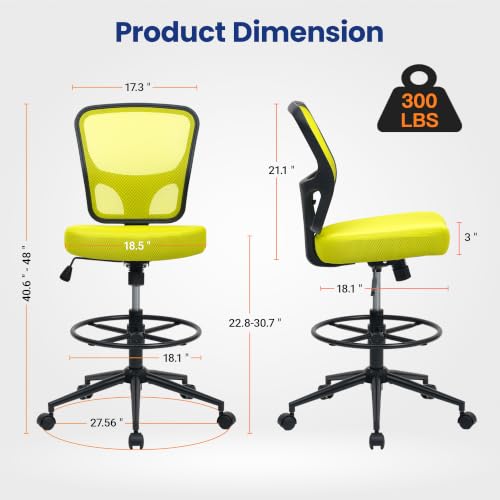 Armless Office Chair, Tall Ergonomic Office Chair for Standing Desk, Adjustable Height Mesh Computer Chair with Foot Ring & Wheels, Rolling Home Office Desk Chair - color: Green