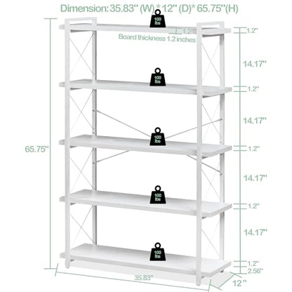 HCHQHS Bookshelf, 5-Tier Industrial Bookcase, White Open Book Shelf, Freestanding Tall Bookshelves with Metal Frame - color: Cloud White, size: 5-Tier (35.8"W x 65.7"H)