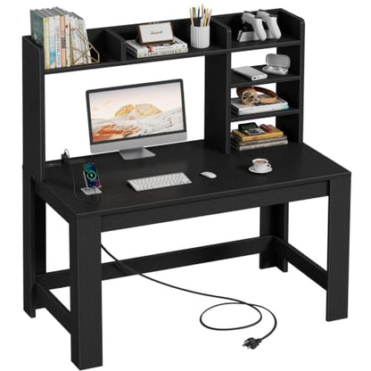WINAZ 43" Black Gaming Desk with Hutch and Built-in Power Outlet | Modern Computer Desk with 3-Tier Storage Shelves and Hutch, Space-Saving Writing Table for Home Office - color: Black