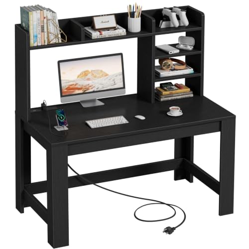 WINAZ 43" Black Gaming Desk with Hutch and Built-in Power Outlet | Modern Computer Desk with 3-Tier Storage Shelves and Hutch, Space-Saving Writing Table for Home Office - color: Black